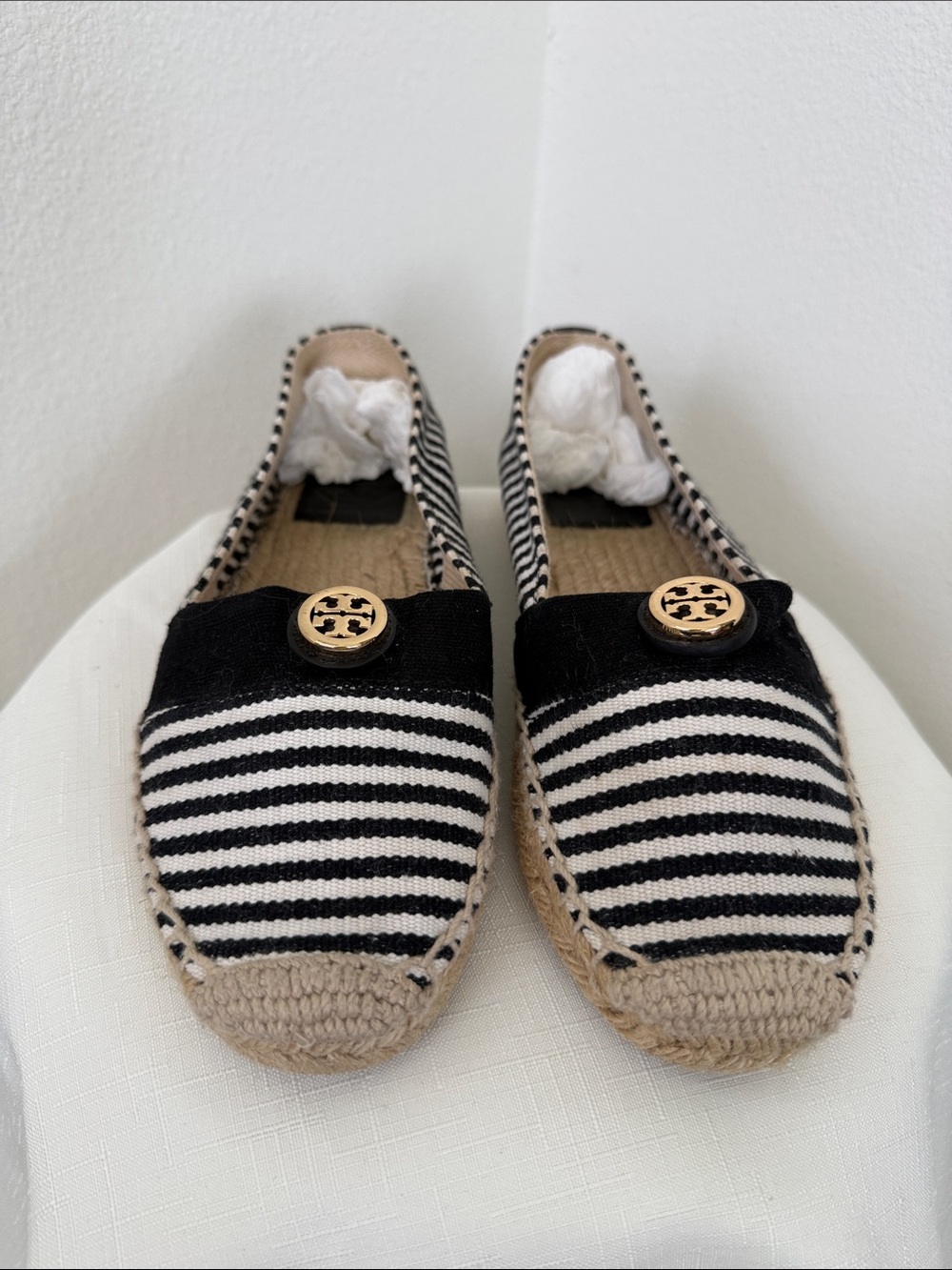 Tory Burch Black and White Striped Espadrille Flats with Gold Logo